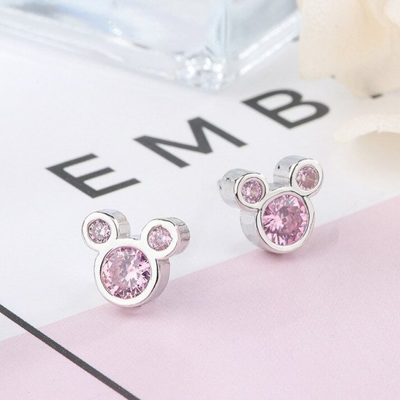 Light Pink Zircon Mickey Mouse Stud Earrings S925 Sterling Silver - Picture 3 of 3